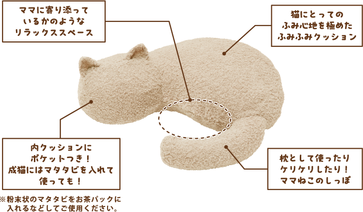 ママに寄り添っているかのようなリラックススペース　猫にとってのふみ心地を極めたふみふみクッション　枕として使ったりケリケリしたり！ママねこのしっぽ　内クッションにポケットつき！成猫にはマタタビを入れて使っても！　※粉末状のマタタビをお茶パックに入れるなどしてご使用ください。